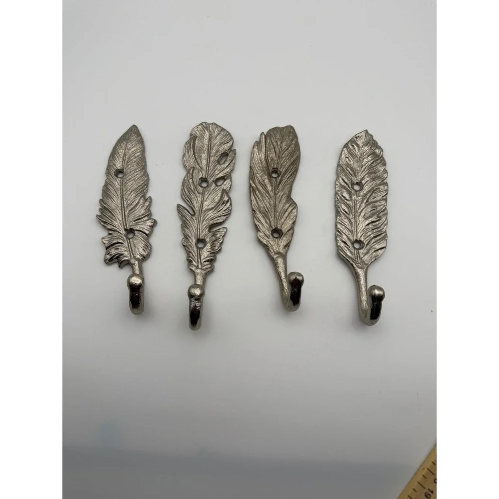 Set of 4 Silver Feather Wall Hooks Cast Metal Decorative Coat Towel Hangers 6.5